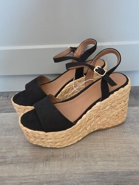 Women’s Black Espadrille Wedge Sandals with Ankle Strap, Size 5, New In Box